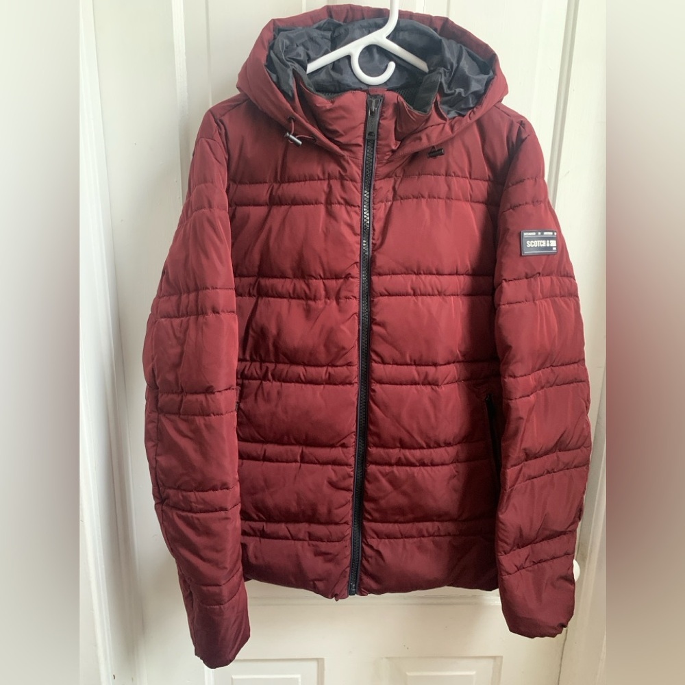 Men’s Scotch & Soda Maroon/Red Hooded Puffer Coat Medium Amsterdam Couture K-22